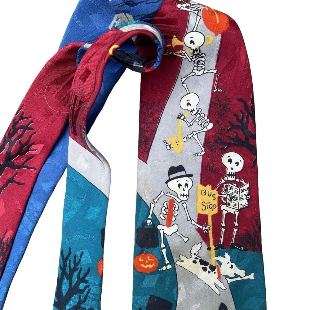 Hallmark Celebrations‎ Mens Halloween Neck Tie Trumpet Playing Skeletons Dogs
